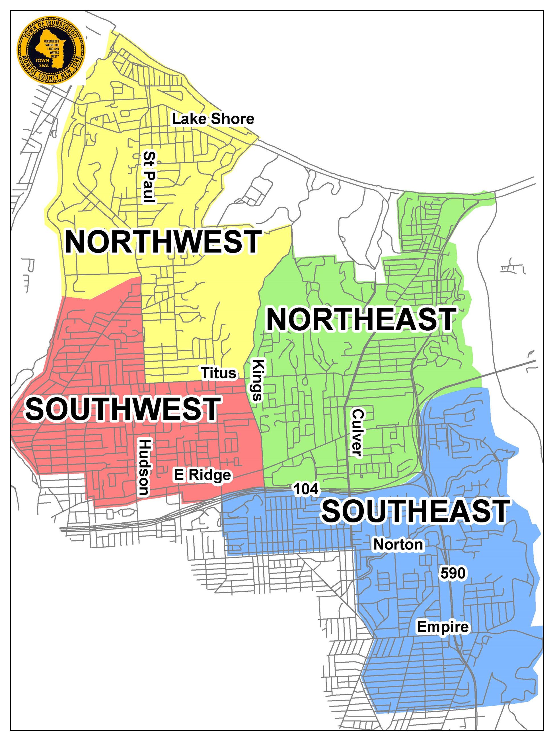 Brush pickup zone map dividing Irondequoit into four zones: Northwest, Northeast, Southwest and Southeast, roughly separated by Titus Avenue, Kings Highway and Route 104